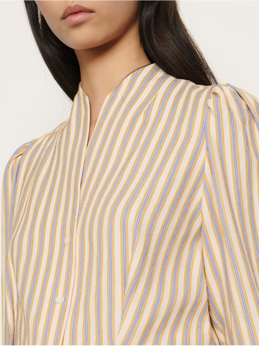 SANDRO PARIS Blouse Size 3 Button Down Shirt Puff Sleeve Stripe Yellow Top Large